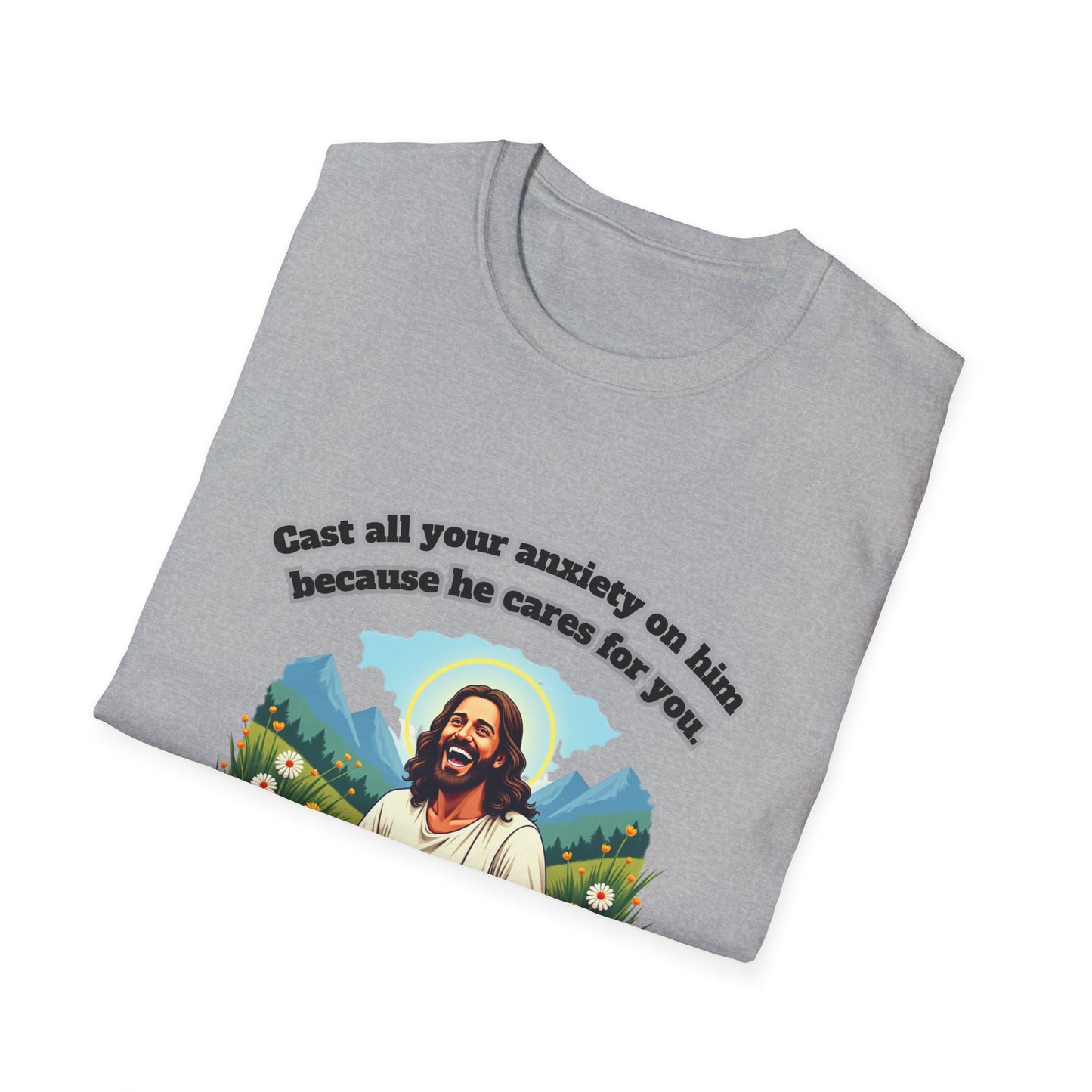 Cast Anxiety Because He Cares Graphic T-Shirt for Healing and Empowerment 1 Peter 5:7