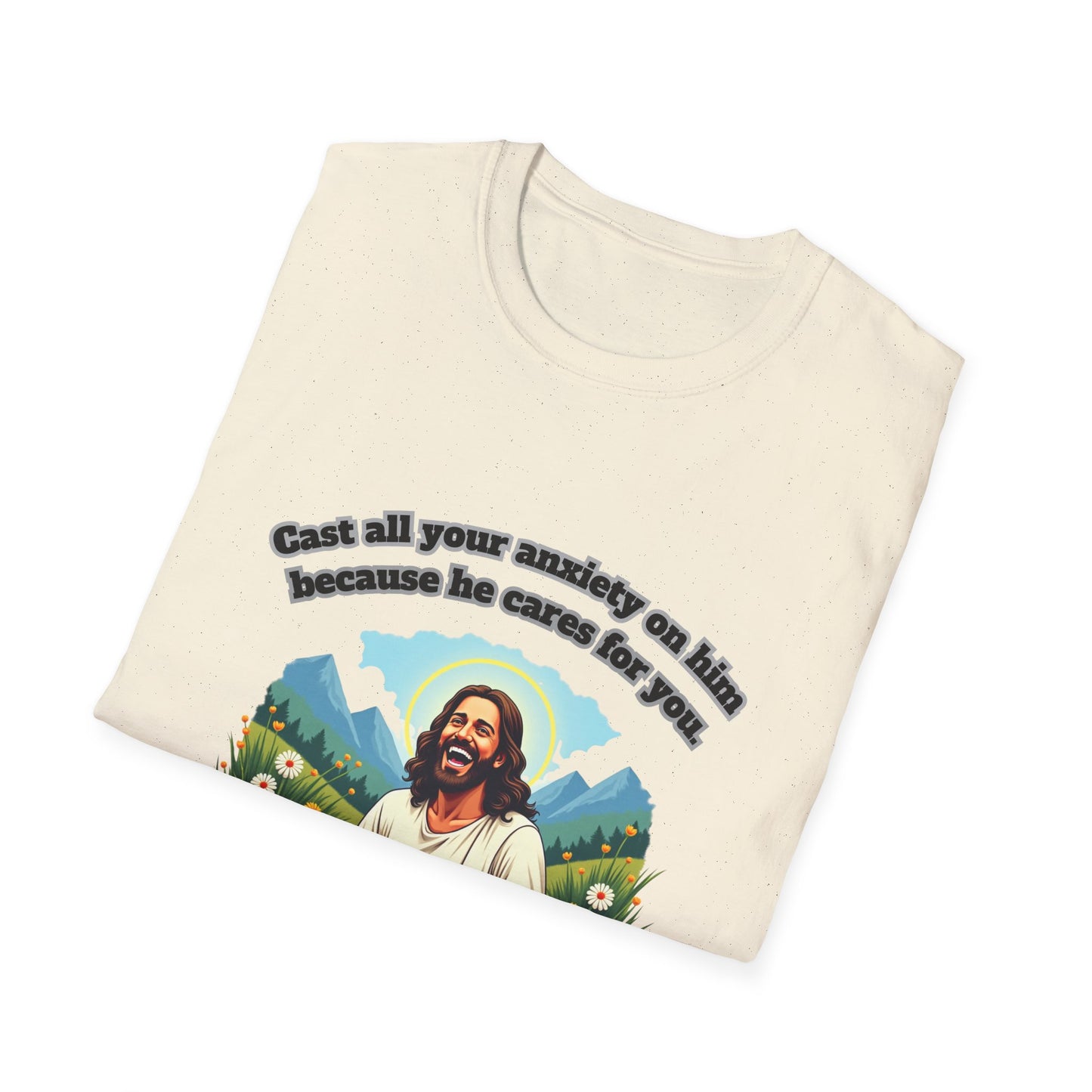 Cast Anxiety Because He Cares Graphic T-Shirt for Healing and Empowerment 1 Peter 5:7