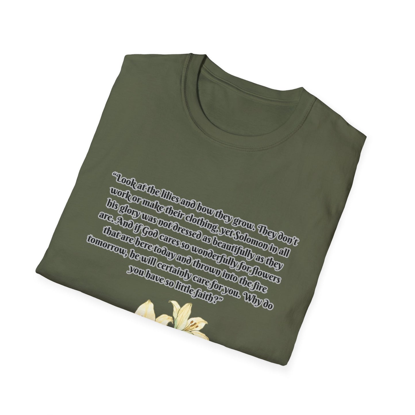 God Cares Even For The Flowers Inspirational Floral T-Shirt with Bible Verse Luke 12:27-28