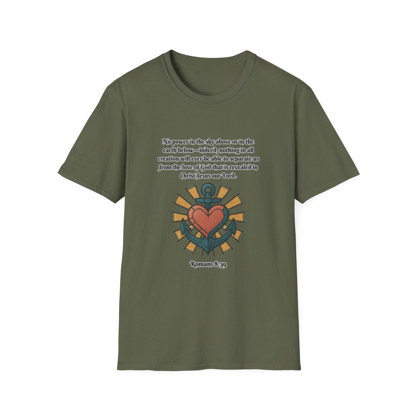 Nothing Can Separate Us From Gods Love Inspirational Unisex Softstyle T-Shirt with Heart Design Romans 8:39