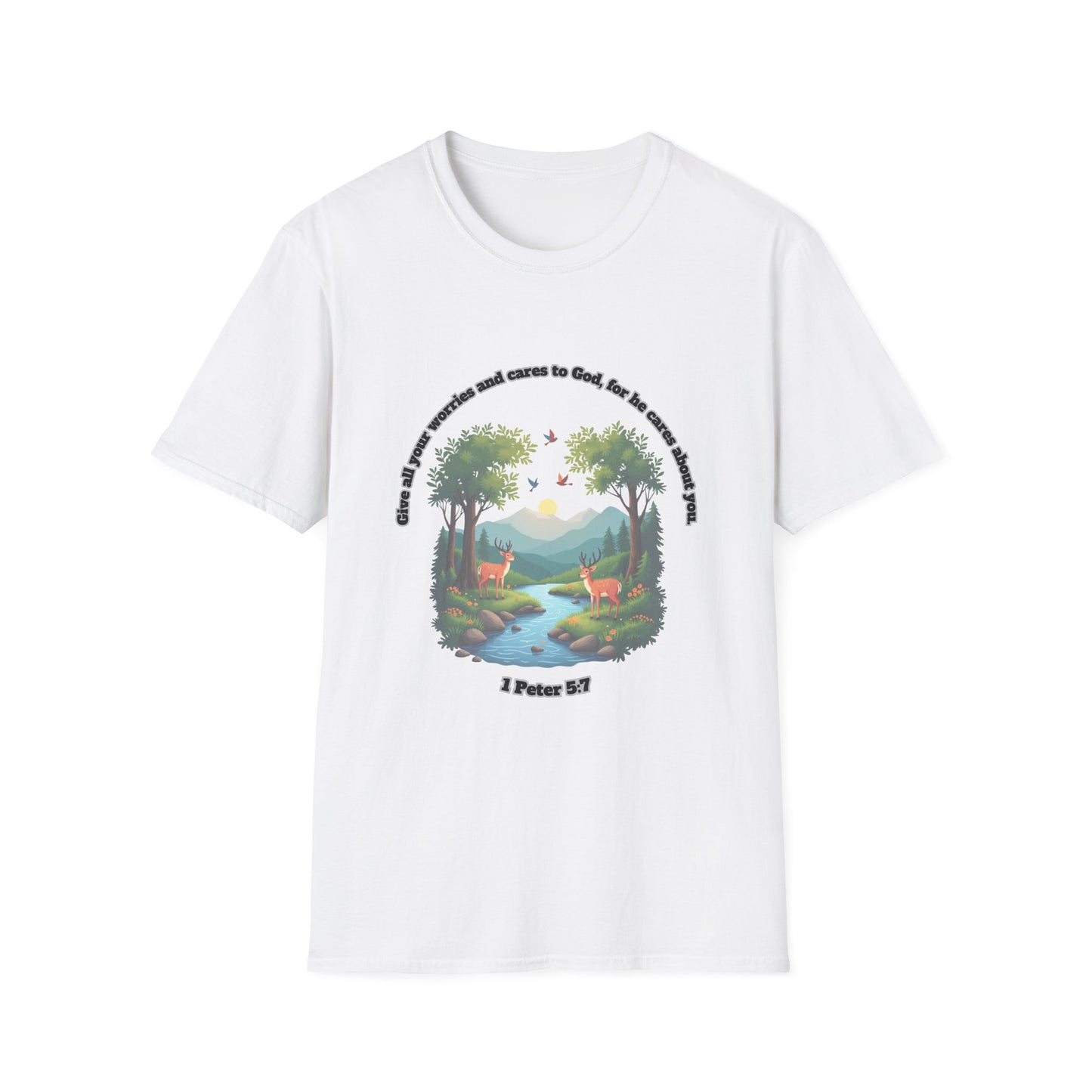 Worries And Cares Nature-Inspired Unisex T-Shirt with 1 Peter 5:7 Design
