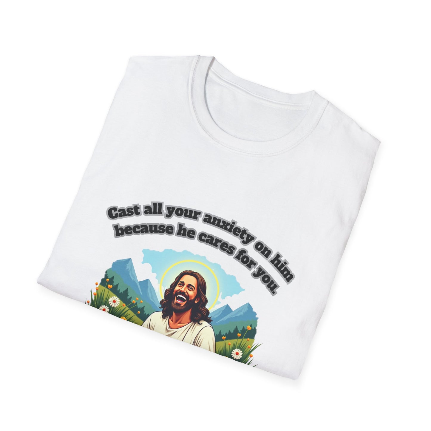 Cast Anxiety Because He Cares Graphic T-Shirt for Healing and Empowerment 1 Peter 5:7