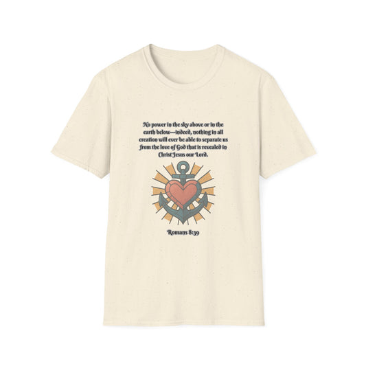Nothing Can Separate Us From Gods Love Inspirational Unisex Softstyle T-Shirt with Heart Design Romans 8:39
