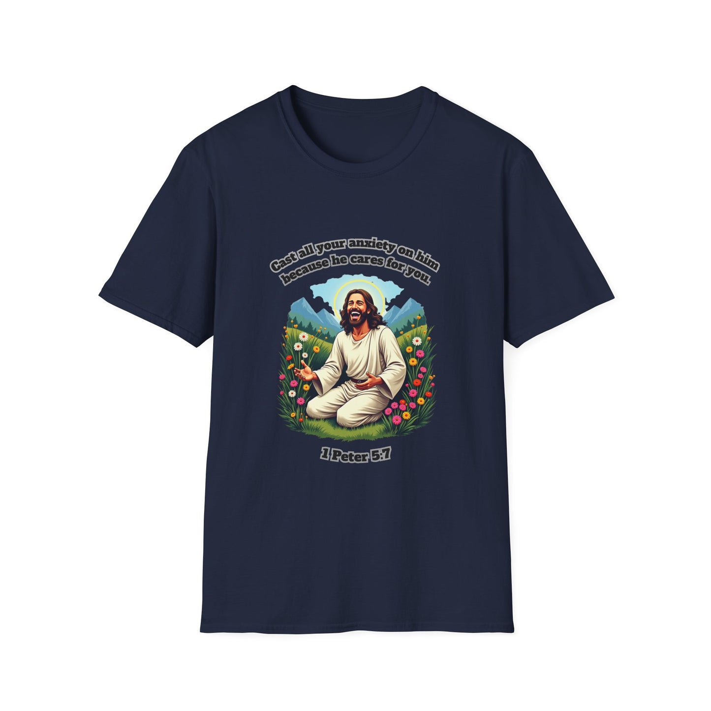Cast Anxiety Because He Cares Graphic T-Shirt for Healing and Empowerment 1 Peter 5:7